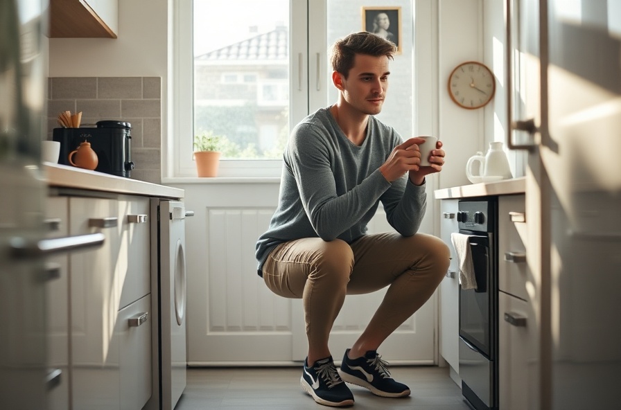 young man doing squats in kitchen with sunlight coming in