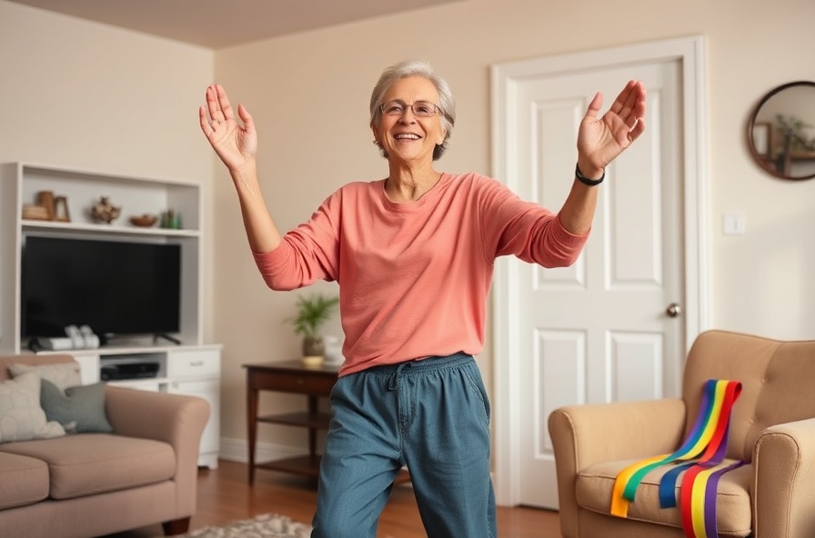 smiling person dancing in living room with resistance bands nearby