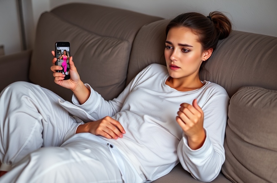 woman in pajamas looking frustrated at phone on couch