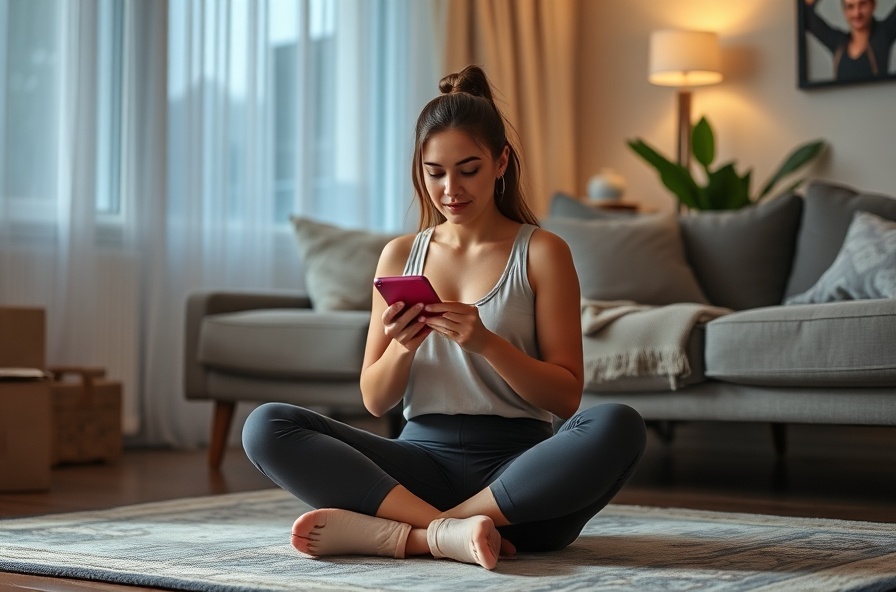 woman sitting on floor watching hopeful fitness video