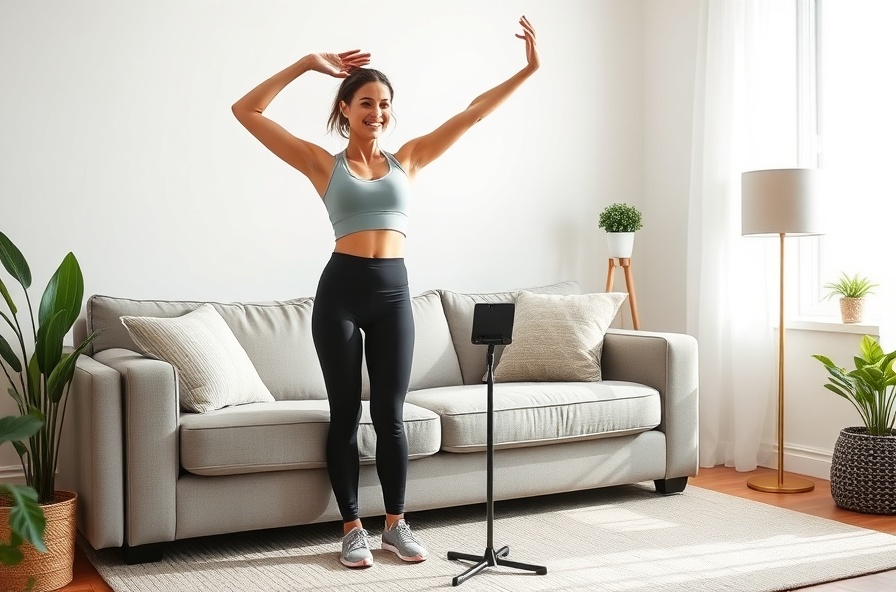 woman in activewear smiling while stretching by her couch