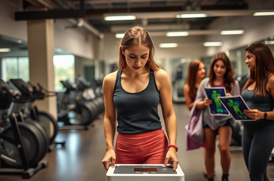 young woman steps off old scale looking frustrated at gym