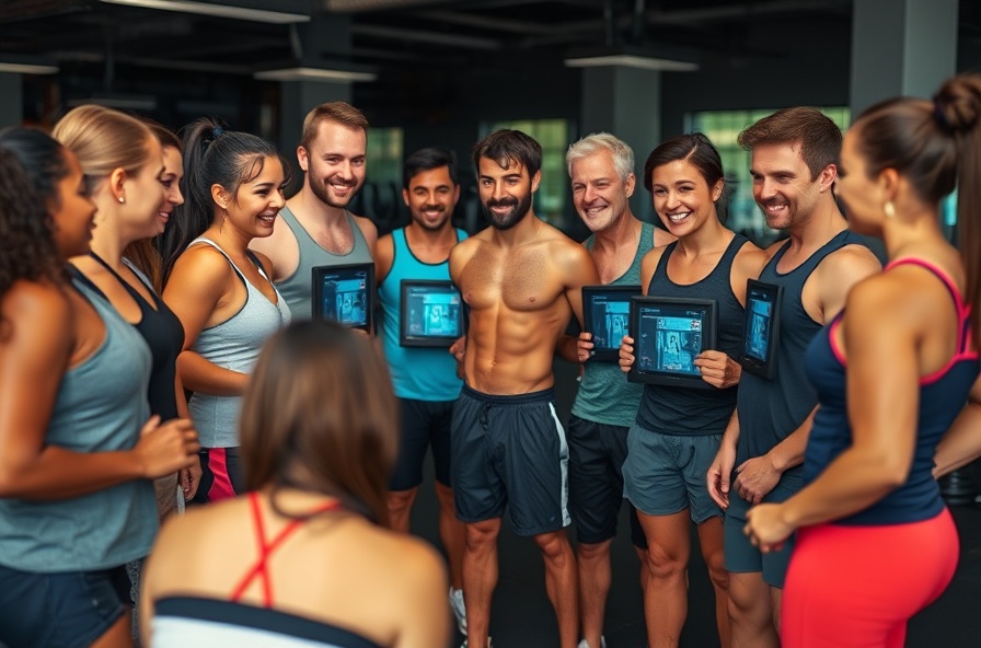 diverse gym members smiling and sharing scan results together