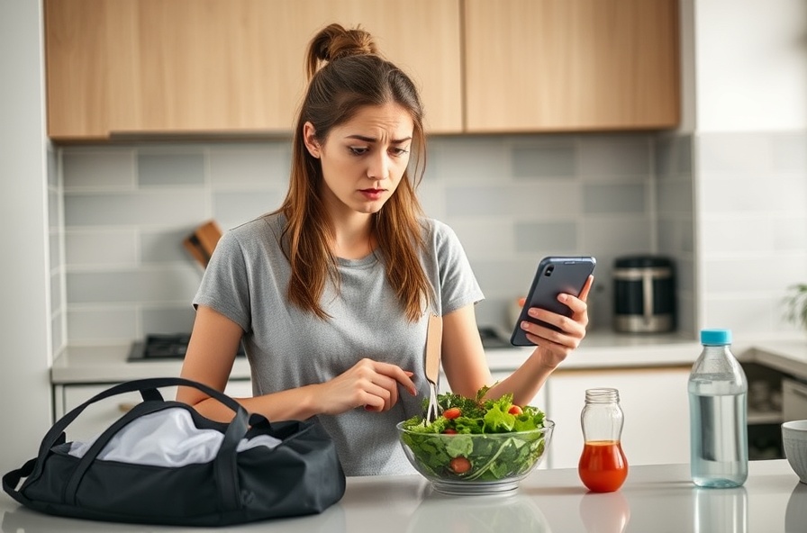 woman prepares salad with gym bag and period tracker nearby