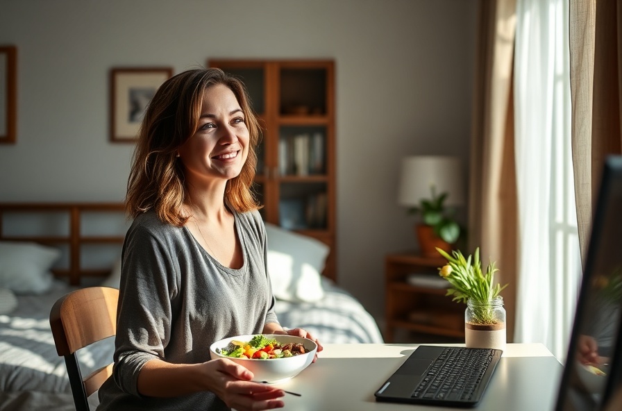 relaxed woman eats balanced meal at desk with sunlight