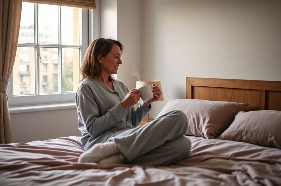 woman in pajamas sipping tea by a window looking content