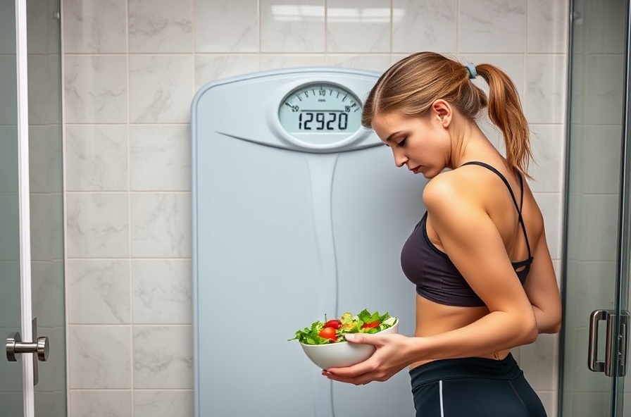 woman in workout clothes stands by scale looking discouraged