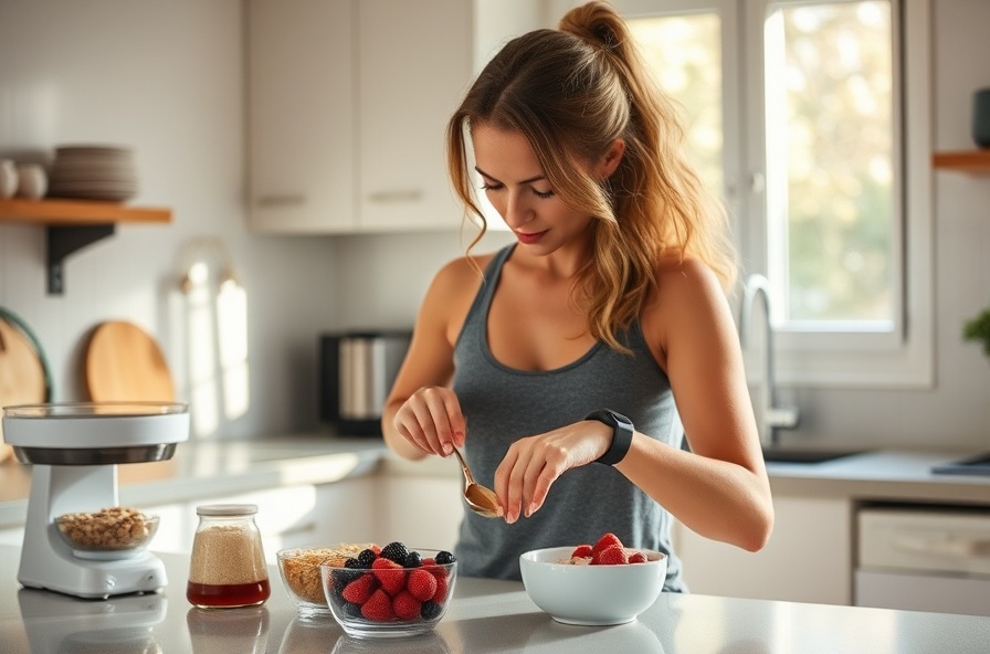 woman adds berries to oatmeal using food scale and fitness tracker