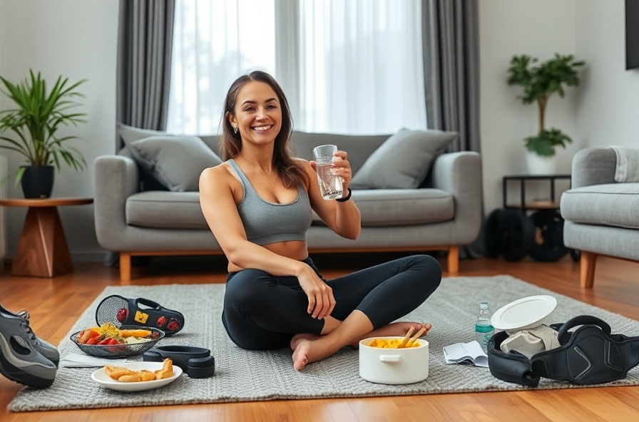 woman sits on floor smiling after workout with meal prep nearby