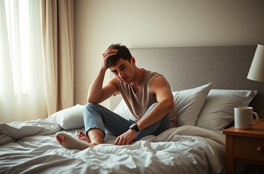tired person sitting on bed holding their forehead