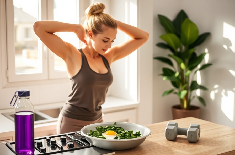 person stretching in kitchen with dumbbells on counter