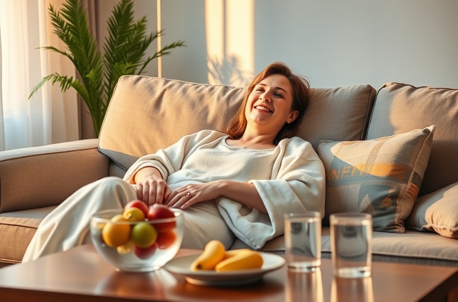 relaxed person on sofa with fruit bowl and glass of water