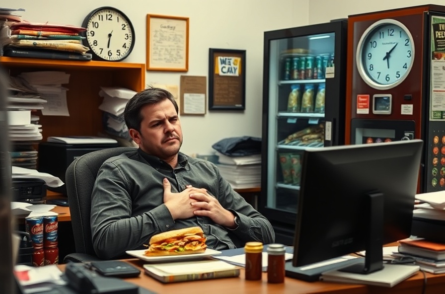 tired office worker looking at sad lunch and wall clock