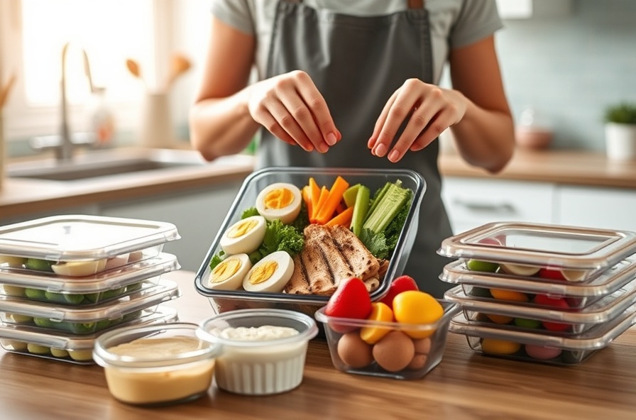 person meal prepping colorful high protein lunch in kitchen