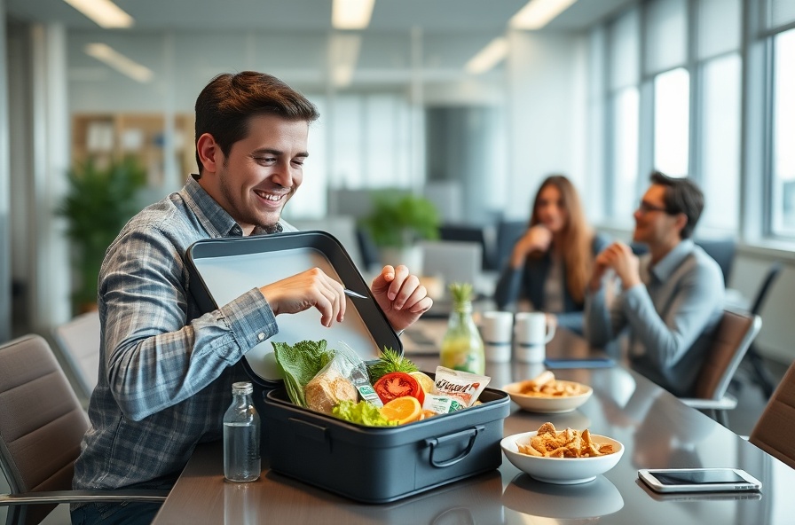 worker smiling eating fresh protein lunch at breakroom table