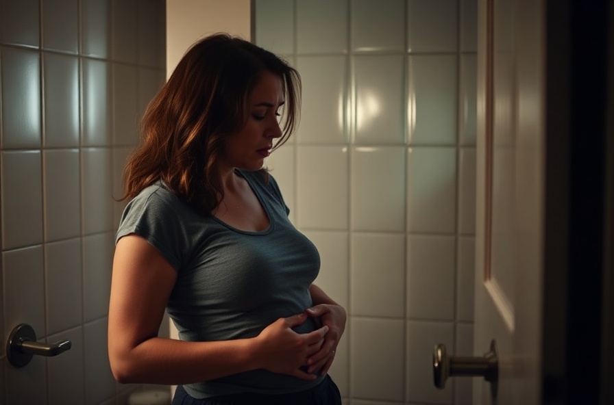 woman stands in bathroom holding stomach looking sad