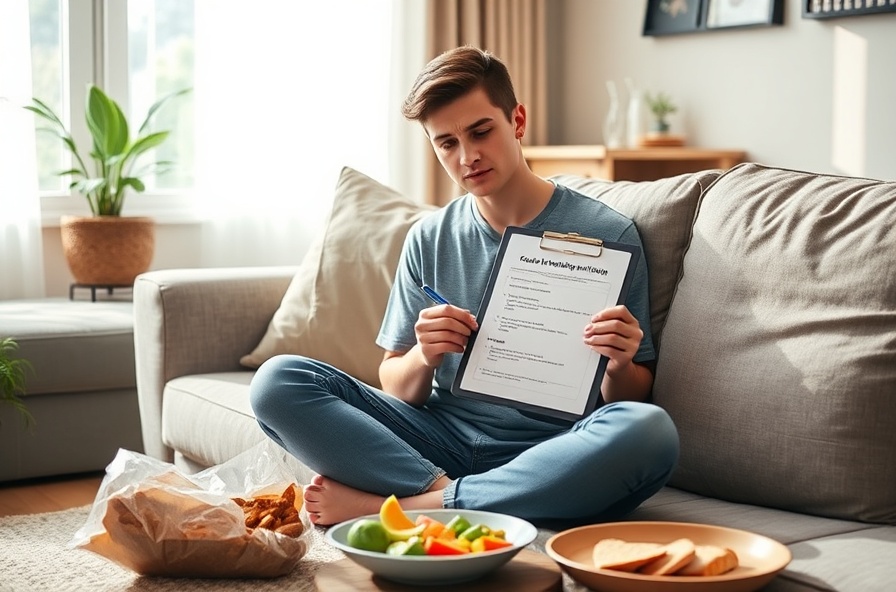 person sits on couch with clipboard reflecting on eating habits