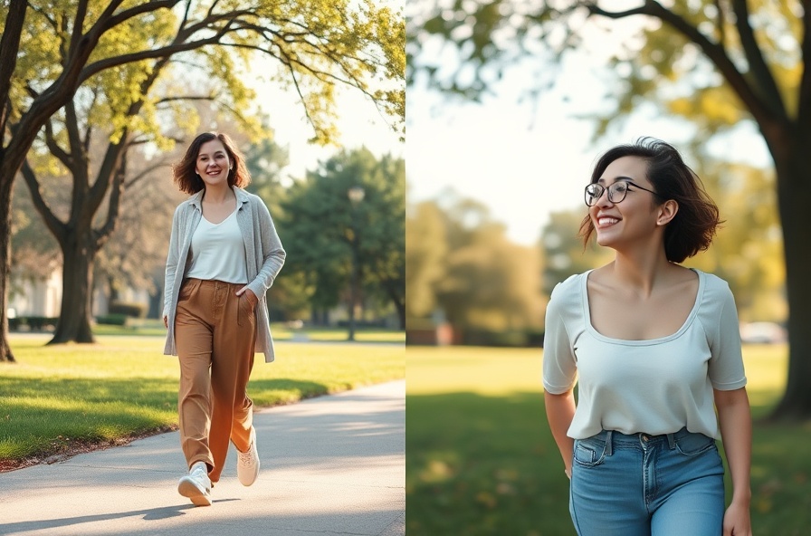 person walks in park smiling feeling relaxed and self accepting