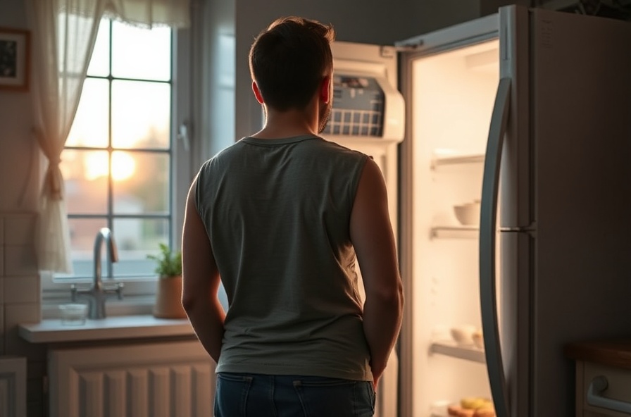 tired person looks at their reflection by fridge in kitchen