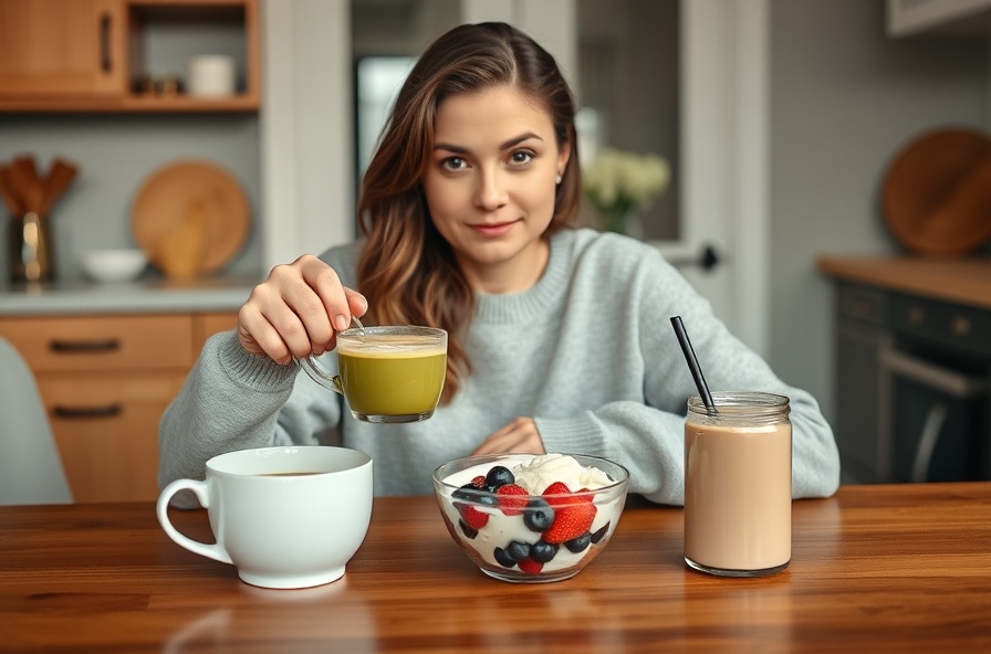 woman pours green tea beside greek yogurt and berries