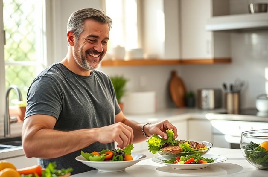 man smiles arranging salad with grilled chicken in sunlight