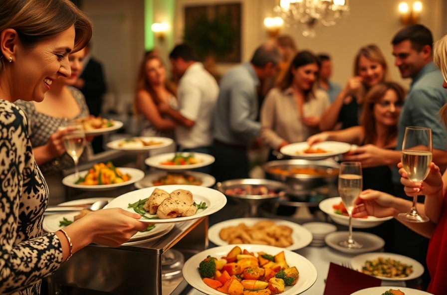 person selecting grilled chicken and vegetables at buffet