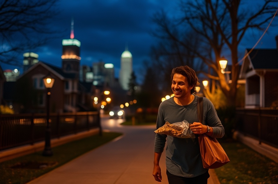 person walking under city lights holding leftovers and smiling