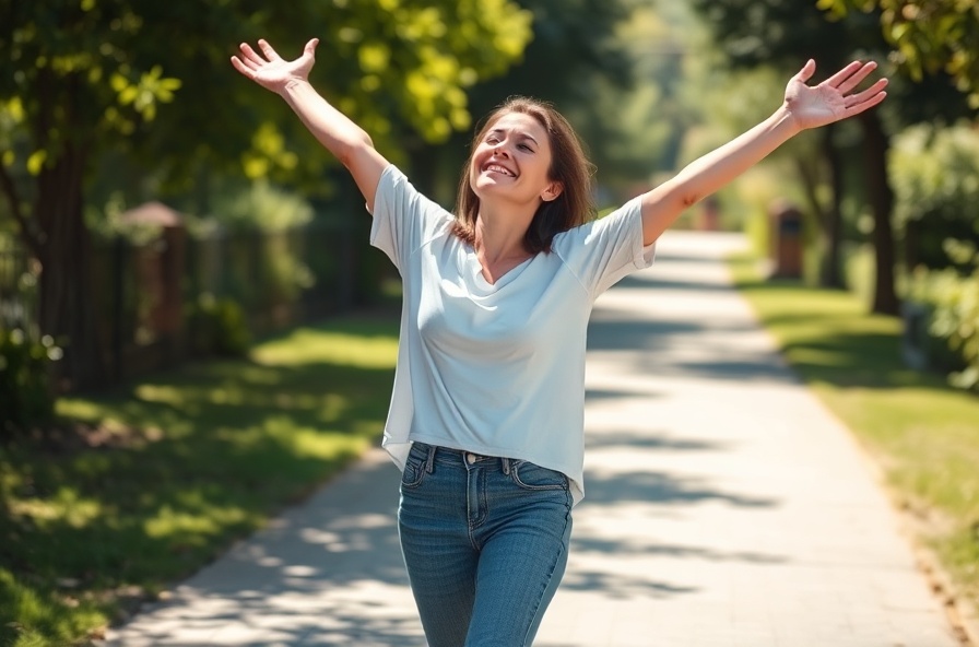 person smiling and stretching arms while walking outdoors