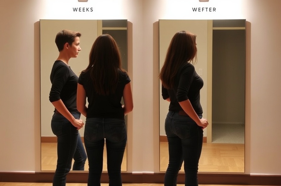 person in same outfit stands taller in brighter bedroom light