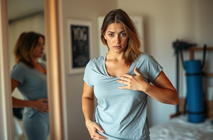 woman in bedroom looking at her reflection in a mirror