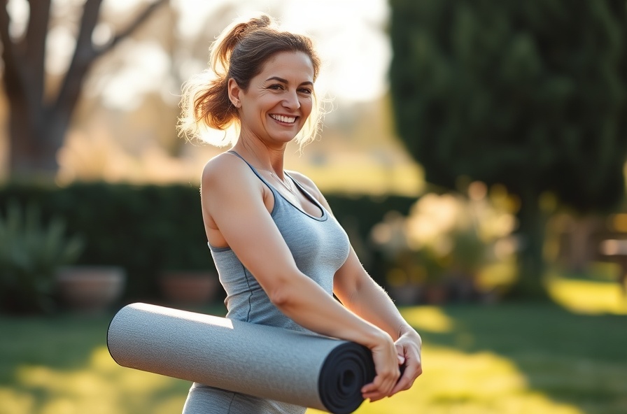 woman stretching on her yoga mat in bright morning light