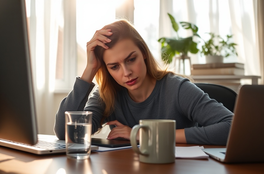tired woman rubbing her temples at a home office desk