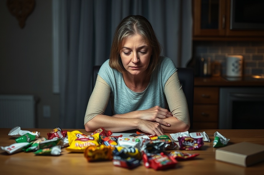 tired woman sits at kitchen table with empty snack wrappers