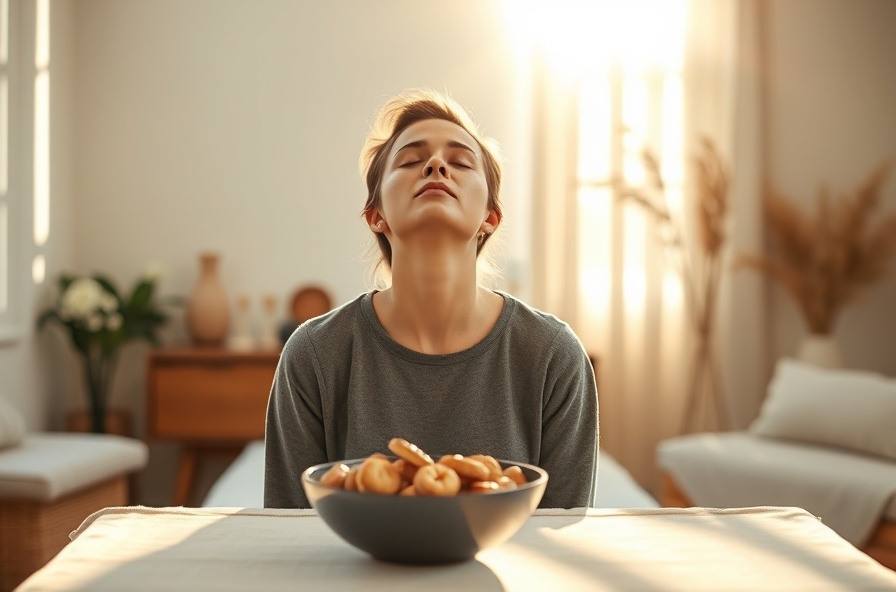 person pauses with closed eyes before a bowl of treats