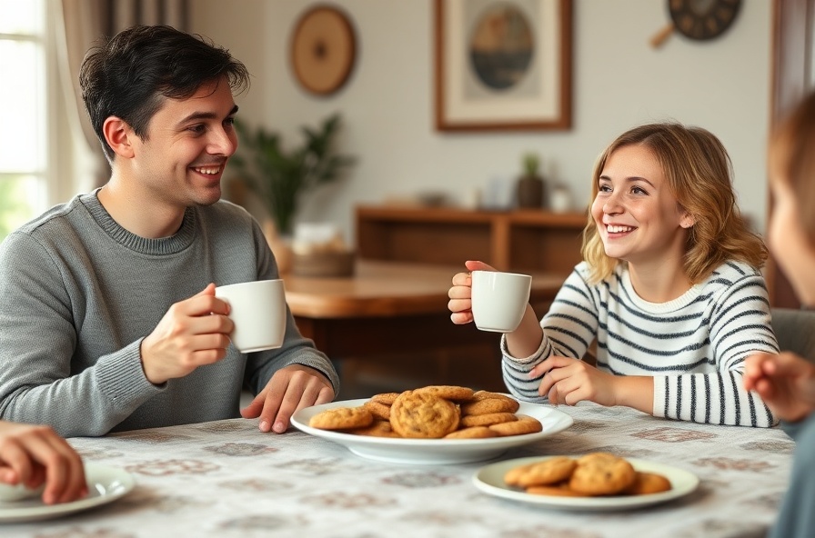 smiling person sips tea and calmly declines cookies at table