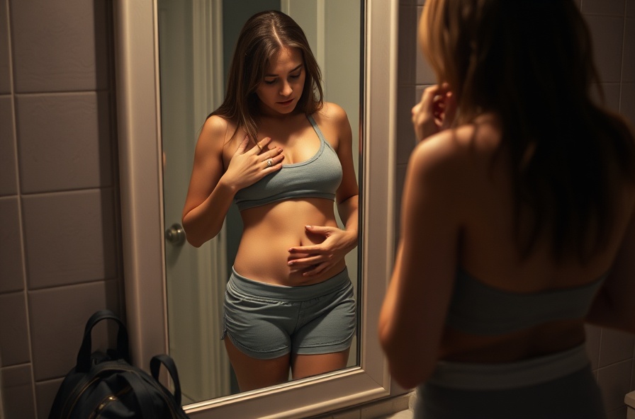 woman stands at bathroom mirror gripping her stomach