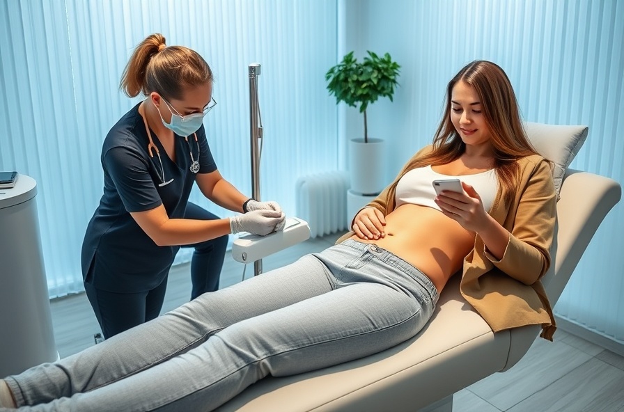 technician applies coolsculpting to client in clinic setting