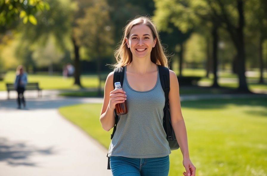 woman walks briskly in sunny park with a water bottle