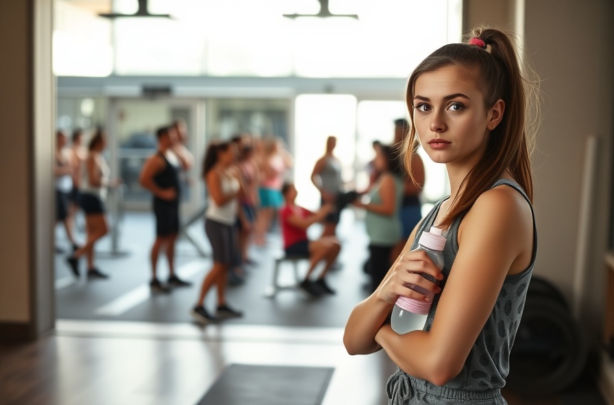 nervous young woman stands inside a bright busy gym