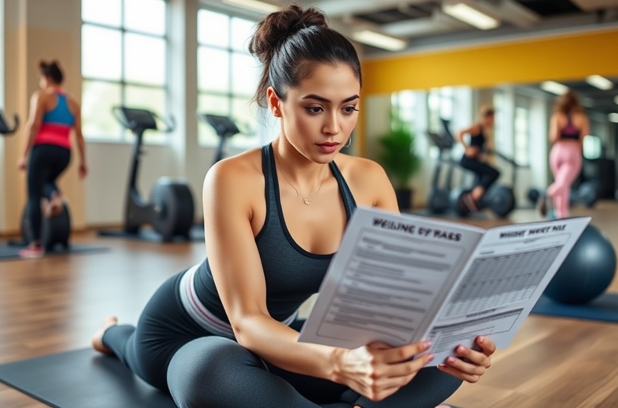 beginner follows workout plan on mat in fitness center