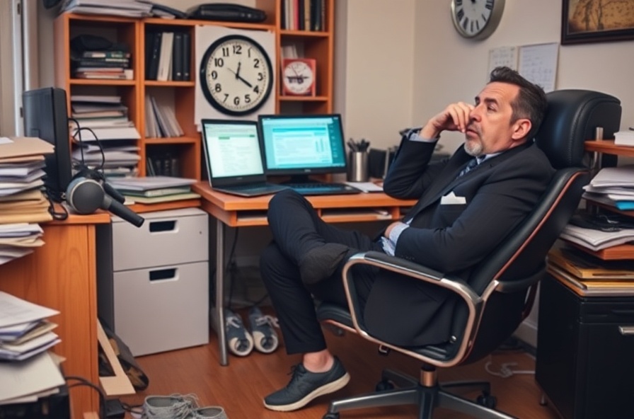 tired professional sits at messy desk with running shoes nearby