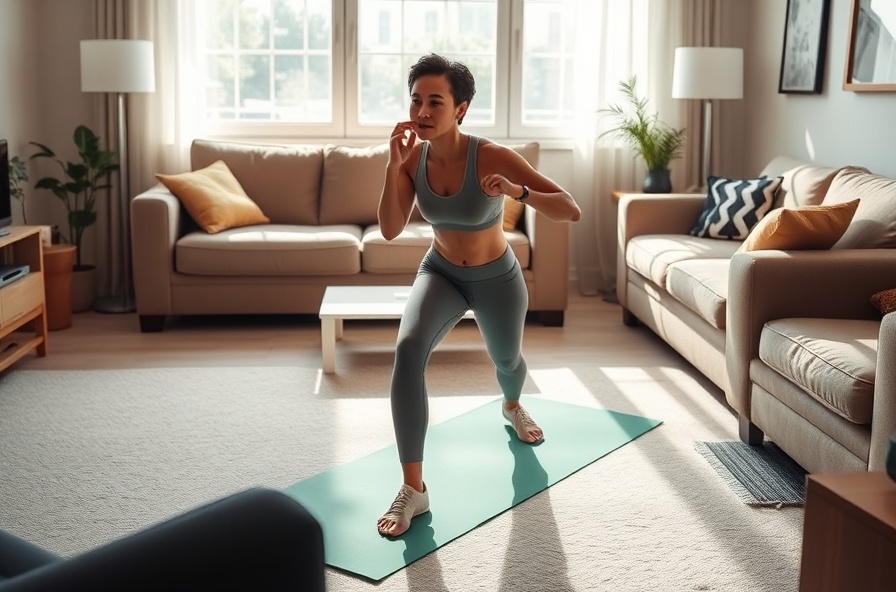 person in workout clothes does squats in sunlit living room