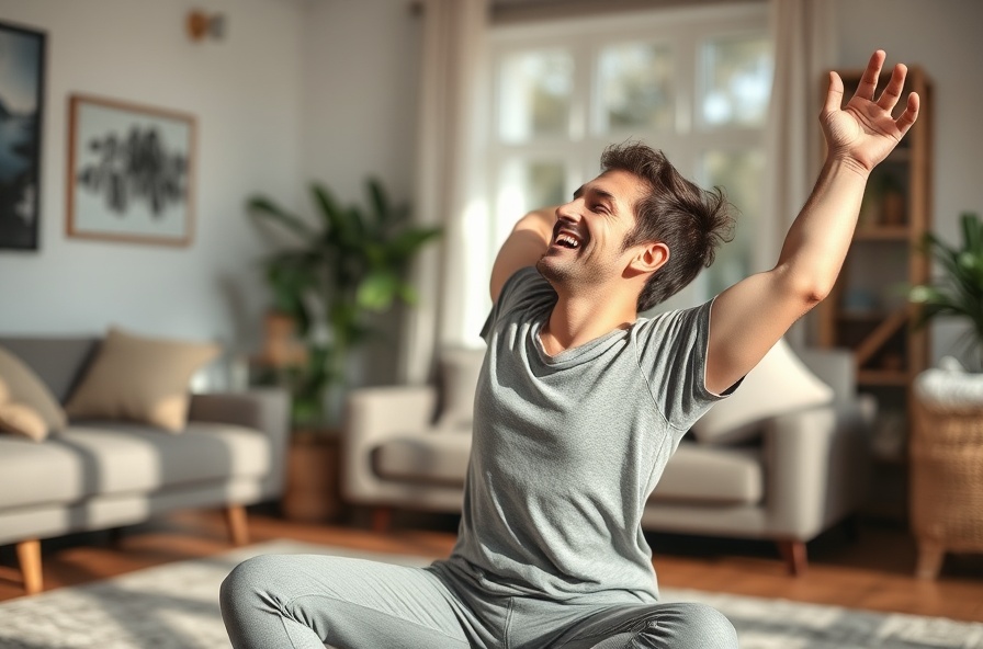 relaxed person stretches and smiles after indoor workout