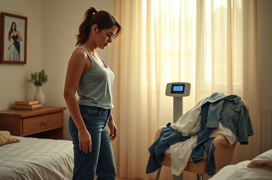 woman standing by scale in dim bedroom looking frustrated
