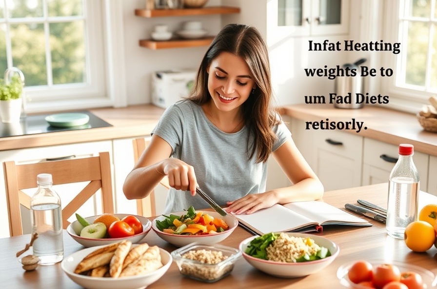 woman preparing healthy meal at kitchen table with notebook