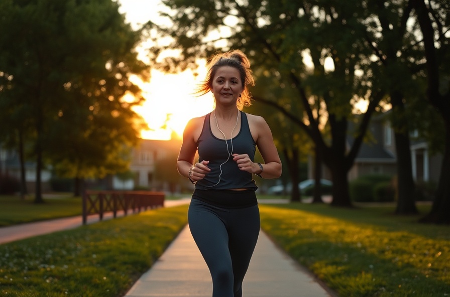 woman walking in park at sunset wearing fitness clothes