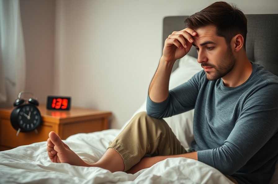 tired adult sitting at bed edge rubbing forehead in morning