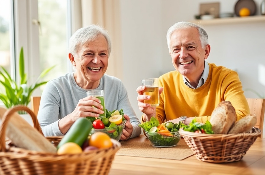 older couple eating salad looking happy at sunny table