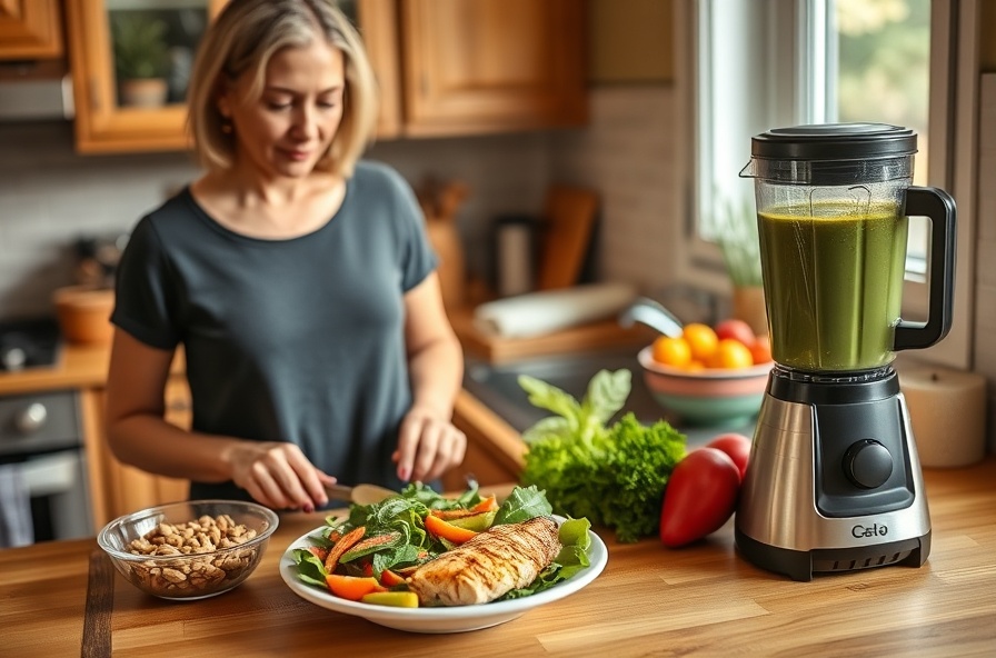 woman preparing colorful meal with vegetables and smoothie