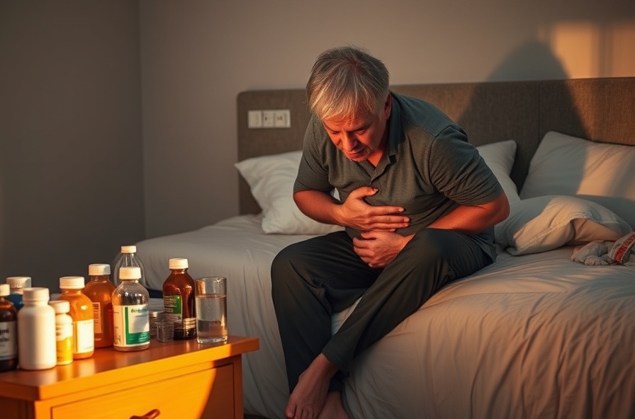 person hunched on bed holding stomach in morning light